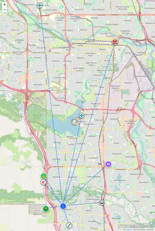 Daily accessibility map for 57 EVERHOLLOW PA SW, Calgary showing nearby schools, grocery stores, parks, LRT stations and nearby amenities