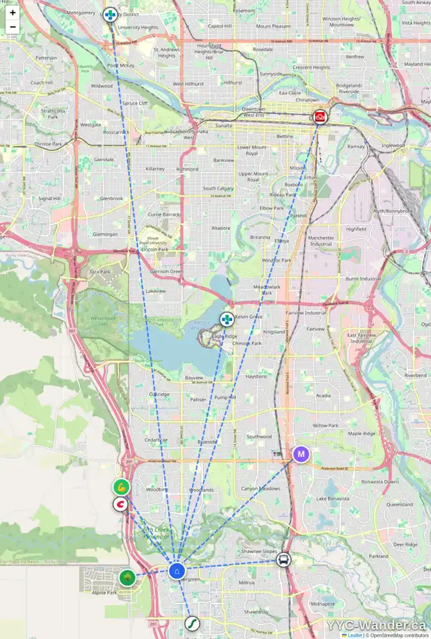 Daily accessibility map for 60 EVERHOLLOW WY SW, Calgary showing nearby schools, grocery stores, parks, LRT stations and nearby amenities