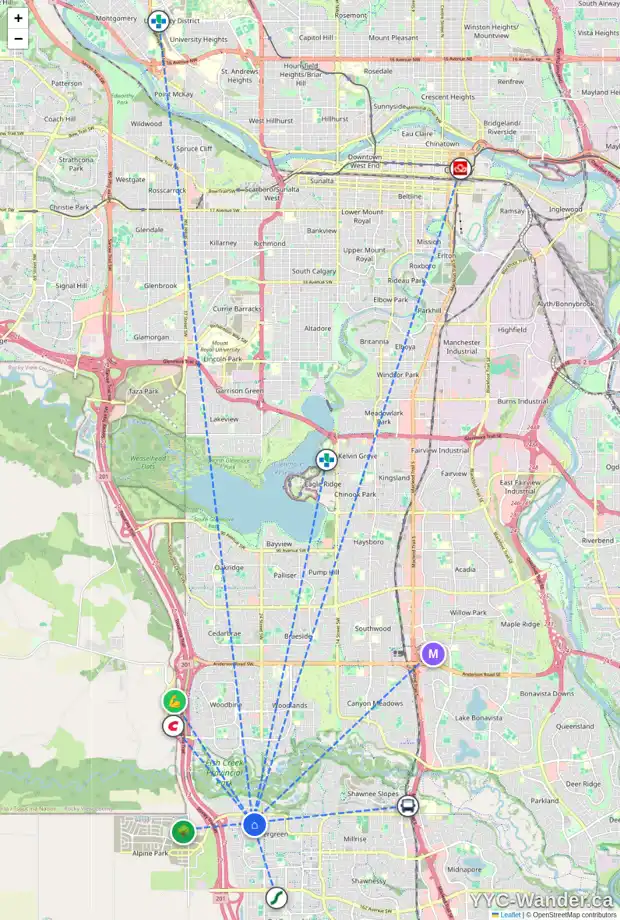 Daily accessibility map for 76 EVERHOLLOW WY SW, Calgary showing nearby schools, grocery stores, parks, LRT stations and nearby amenities