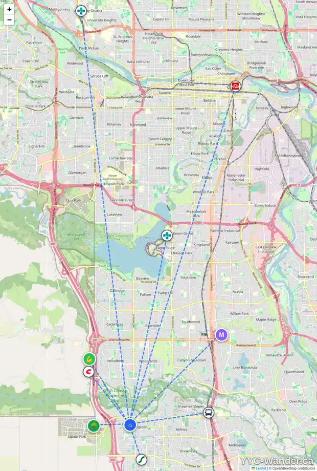 Daily accessibility map for 108 EVERHOLLOW WY SW, Calgary showing nearby schools, grocery stores, parks, LRT stations and nearby amenities