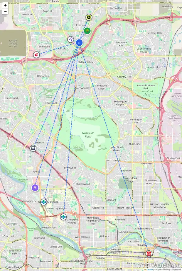 Daily accessibility map for 17 EVANSBROOKE PA NW, Calgary showing nearby schools, grocery stores, parks, LRT stations and nearby amenities