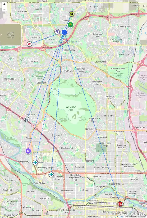 Daily accessibility map for 1 EVANSBROOKE WY NW, Calgary showing nearby schools, grocery stores, parks, LRT stations and nearby amenities