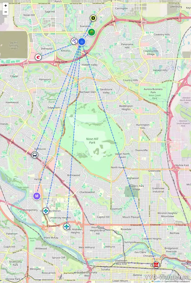 Daily accessibility map for 45 EVANSBROOKE WY NW, Calgary showing nearby schools, grocery stores, parks, LRT stations and nearby amenities