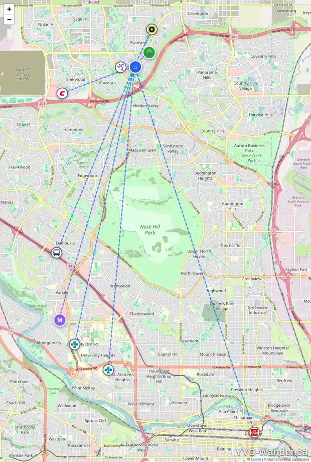 Daily accessibility map for 10 EVANSBROOKE WY NW, Calgary showing nearby schools, grocery stores, parks, LRT stations and nearby amenities