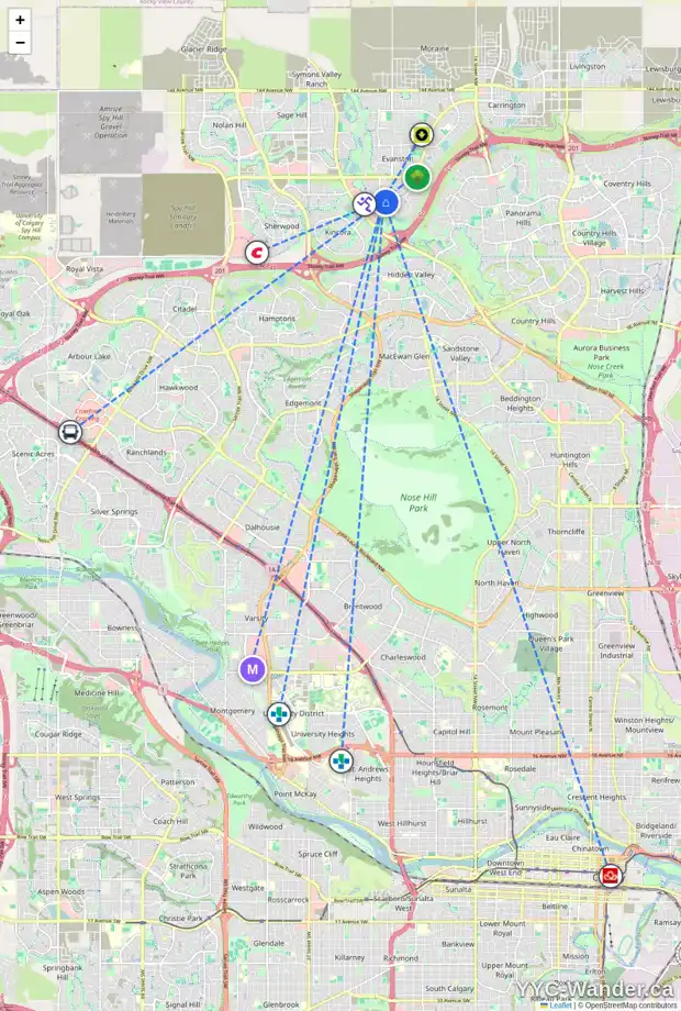 Daily accessibility map for 58 EVANSBROOKE WY NW, Calgary showing nearby schools, grocery stores, parks, LRT stations and nearby amenities