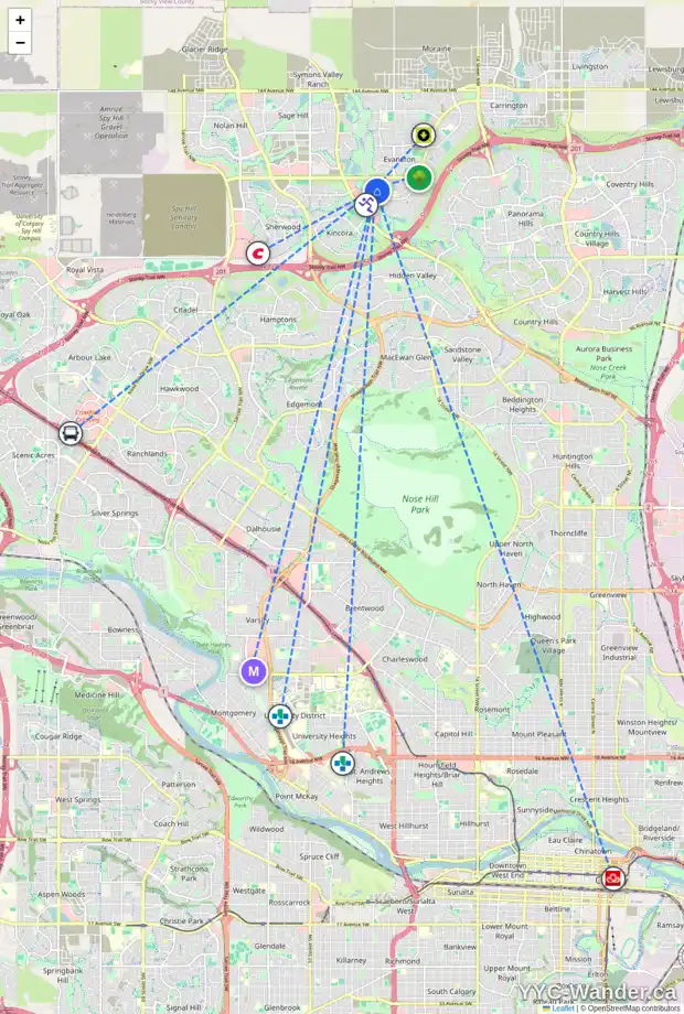 Daily accessibility map for 58 EVANSBROOKE MR NW, Calgary showing nearby schools, grocery stores, parks, LRT stations and nearby amenities