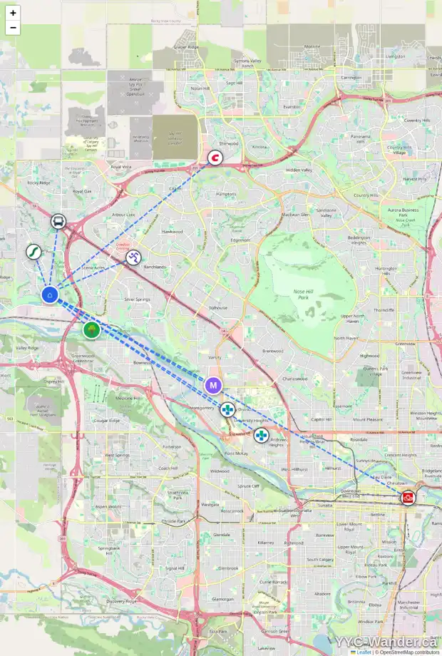 Daily accessibility map for 81 TUSCANY RAVINE VW NW, Calgary showing nearby schools, grocery stores, parks, LRT stations and nearby amenities