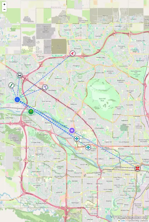 Daily accessibility map for 80 TUSCANY RAVINE VW NW, Calgary showing nearby schools, grocery stores, parks, LRT stations and nearby amenities