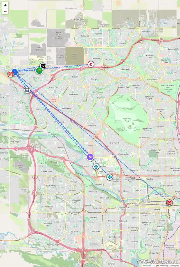 Daily accessibility map for 11 ROCKLEDGE TC NW, Calgary showing nearby schools, grocery stores, parks, LRT stations and nearby amenities