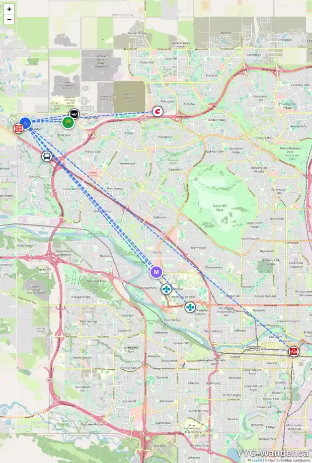 Daily accessibility map for 76 ROCKYWOOD PA NW, Calgary showing nearby schools, grocery stores, parks, LRT stations and nearby amenities