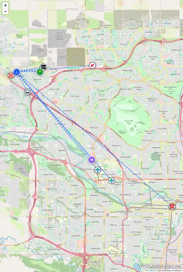 Daily accessibility map for 168 ROCKYWOOD PA NW, Calgary showing nearby schools, grocery stores, parks, LRT stations and nearby amenities