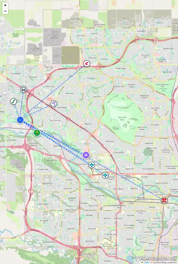 Daily accessibility map for 17 TUSCANY RAVINE ME NW, Calgary showing nearby schools, grocery stores, parks, LRT stations and nearby amenities