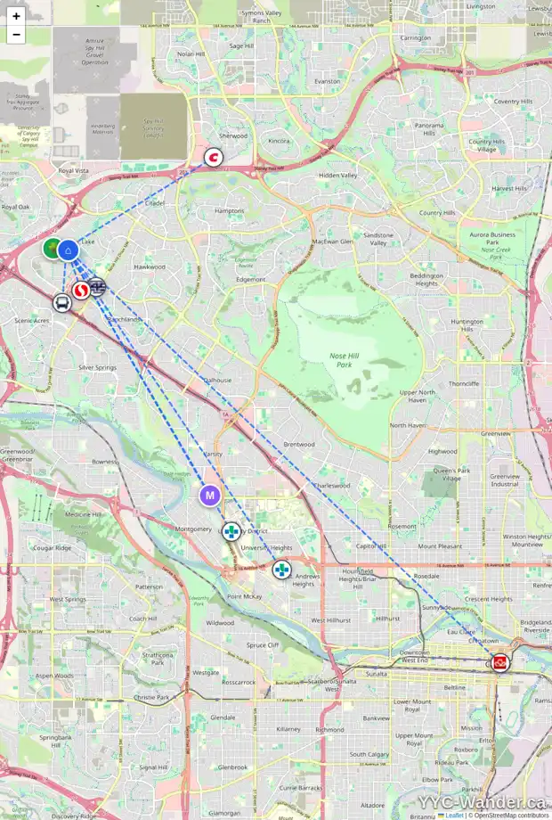Daily accessibility map for 54 ARBOUR CREST CI NW, Calgary showing nearby schools, grocery stores, parks, LRT stations and nearby amenities