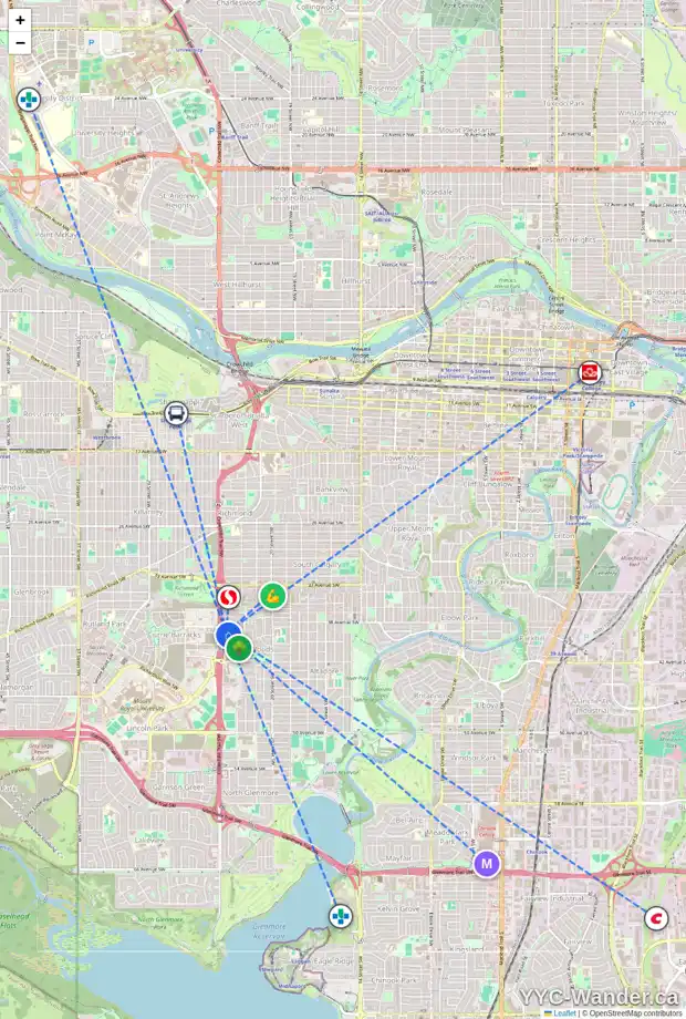 Daily accessibility map for 207 SOMME MR SW, Calgary showing nearby schools, grocery stores, parks, LRT stations and nearby amenities