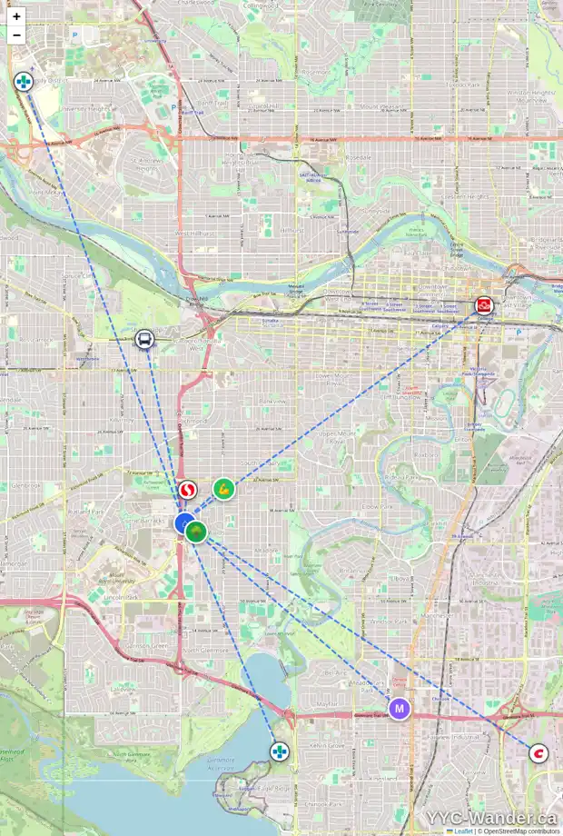 Daily accessibility map for 66 YPRES GR SW, Calgary showing nearby schools, grocery stores, parks, LRT stations and nearby amenities