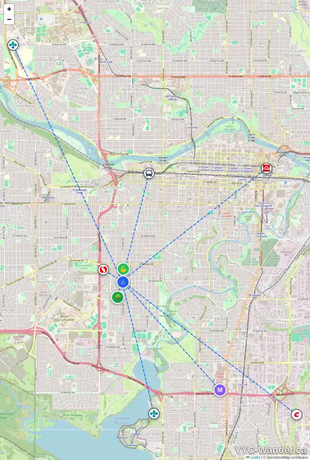 Daily accessibility map for 3827 20 ST SW, Calgary showing nearby schools, grocery stores, parks, LRT stations and nearby amenities