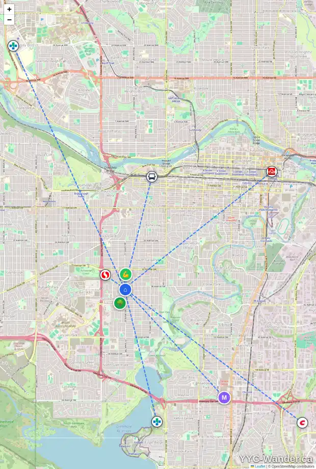 Daily accessibility map for 3905 20 ST SW, Calgary showing nearby schools, grocery stores, parks, LRT stations and nearby amenities