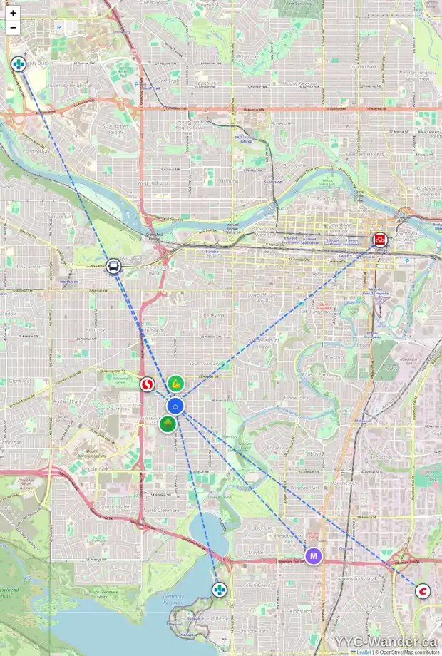 Daily accessibility map for 3913 20 ST SW, Calgary showing nearby schools, grocery stores, parks, LRT stations and nearby amenities