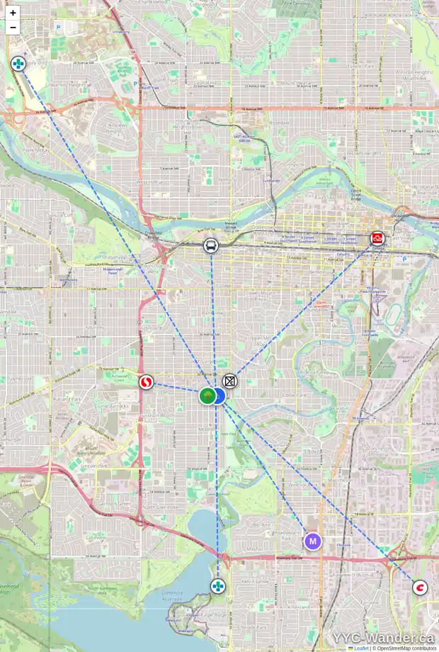 Daily accessibility map for 3812 15A ST SW, Calgary showing nearby schools, grocery stores, parks, LRT stations and nearby amenities