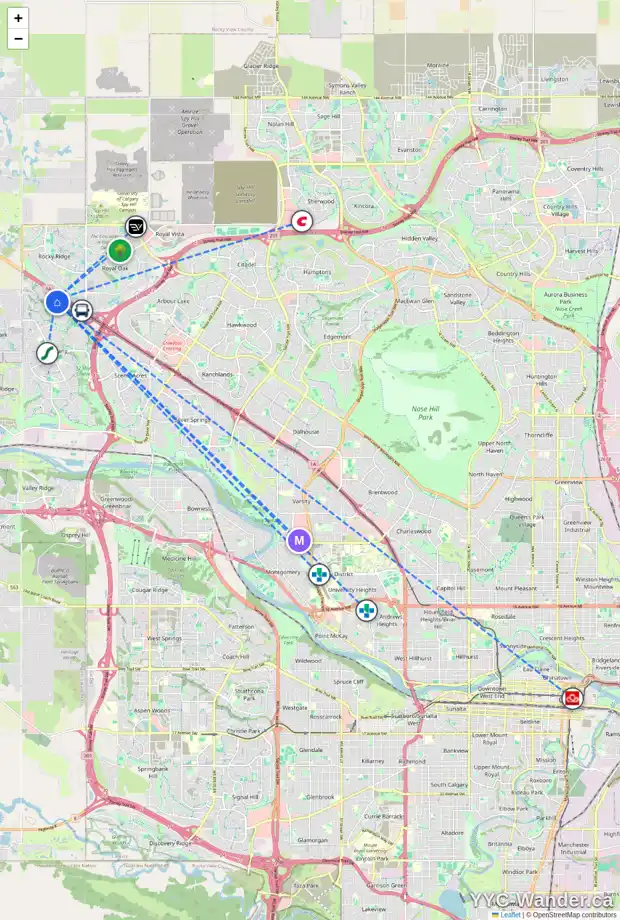 Daily accessibility map for 101 TUSCANY SPRINGS HT NW, Calgary showing nearby schools, grocery stores, parks, LRT stations and nearby amenities