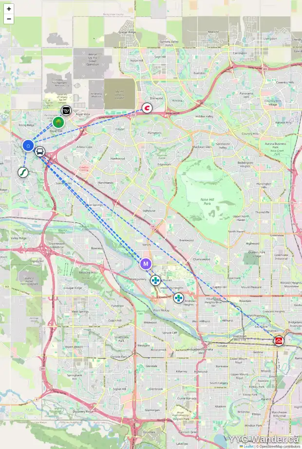 Daily accessibility map for 149 TUSCANY SPRINGS HT NW, Calgary showing nearby schools, grocery stores, parks, LRT stations and nearby amenities