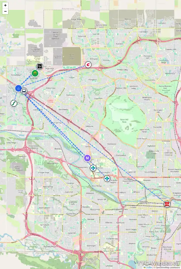 Daily accessibility map for 14 TUSCANY SPRINGS BA NW, Calgary showing nearby schools, grocery stores, parks, LRT stations and nearby amenities