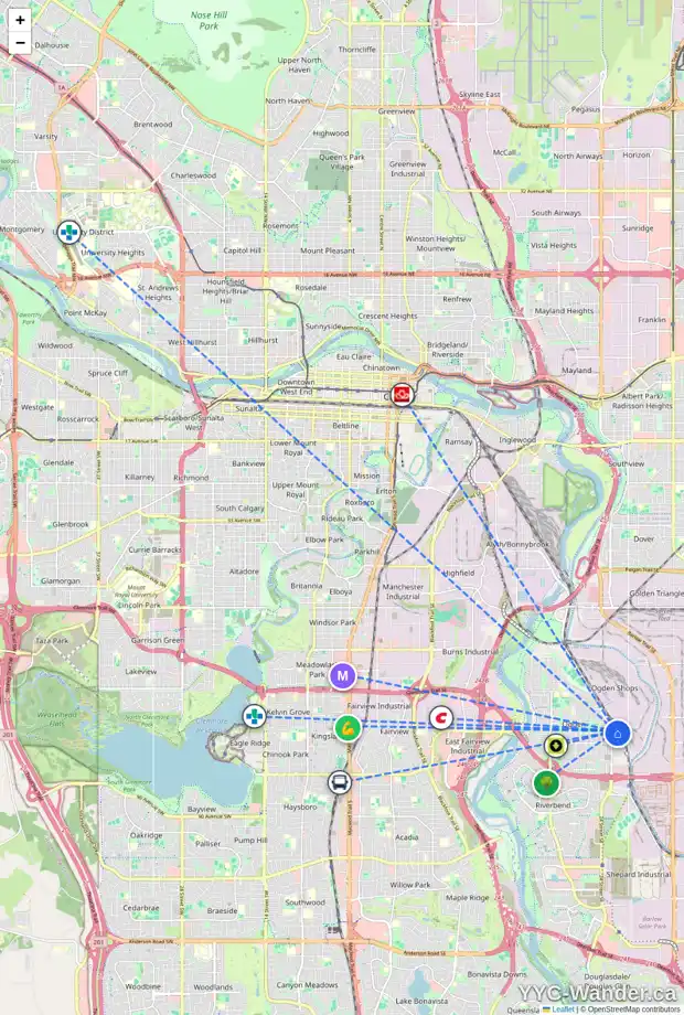 Daily accessibility map for 2716 74 AV SE, Calgary showing nearby schools, grocery stores, parks, LRT stations and nearby amenities