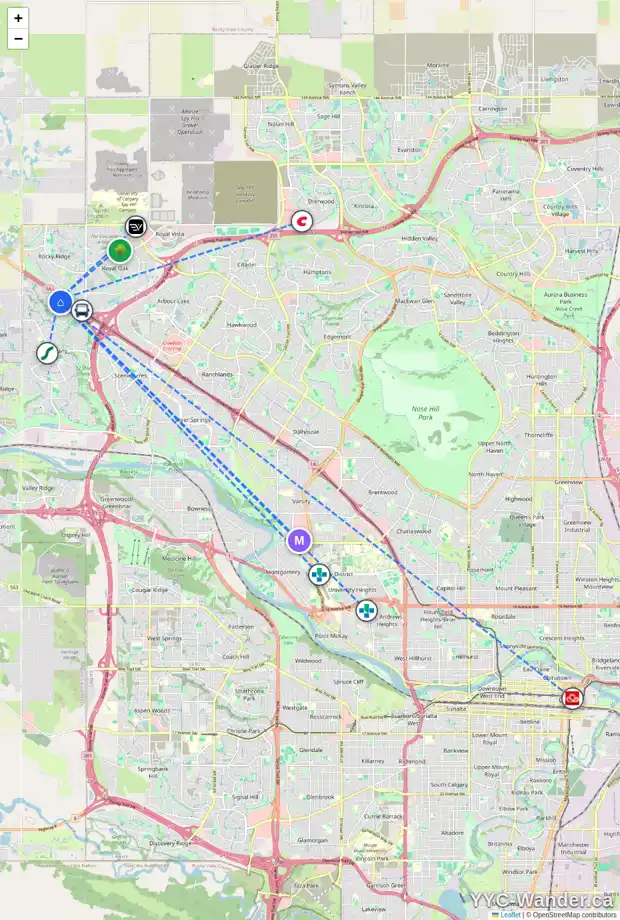 Daily accessibility map for 42 TUSCANY SPRINGS BA NW, Calgary showing nearby schools, grocery stores, parks, LRT stations and nearby amenities