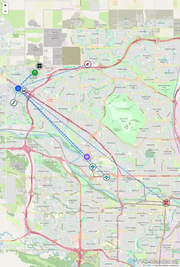 Daily accessibility map for 305 TUSCANY SPRINGS WY NW, Calgary showing nearby schools, grocery stores, parks, LRT stations and nearby amenities