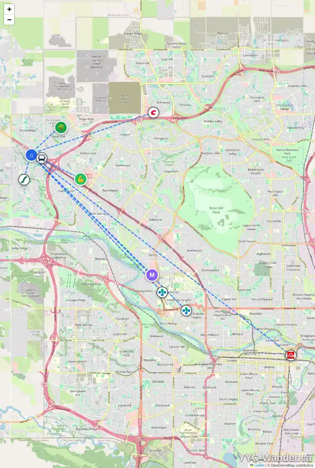 Daily accessibility map for 313 TUSCANY SPRINGS WY NW, Calgary showing nearby schools, grocery stores, parks, LRT stations and nearby amenities