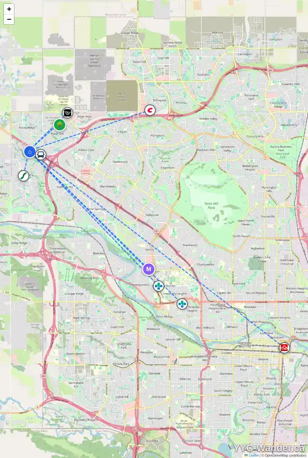 Daily accessibility map for 341 TUSCANY SPRINGS WY NW, Calgary showing nearby schools, grocery stores, parks, LRT stations and nearby amenities