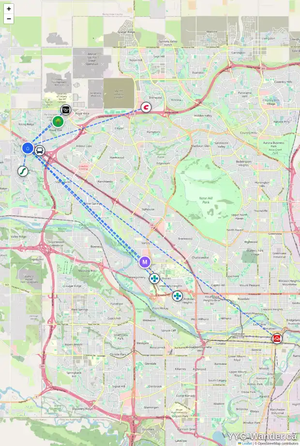 Daily accessibility map for 65 TUSCANY SPRINGS HT NW, Calgary showing nearby schools, grocery stores, parks, LRT stations and nearby amenities