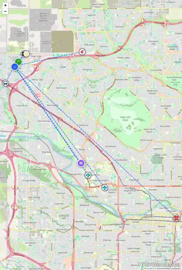 Daily accessibility map for 151 ROYAL BIRKDALE CR NW, Calgary showing nearby schools, grocery stores, parks, LRT stations and nearby amenities