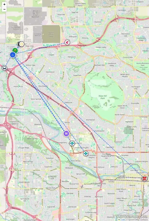 Daily accessibility map for 66 ROYAL BIRKDALE CO NW, Calgary showing nearby schools, grocery stores, parks, LRT stations and nearby amenities