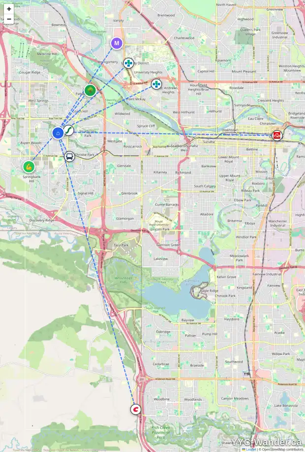 Daily accessibility map for 5 ASPEN RIDGE WY SW, Calgary showing nearby schools, grocery stores, parks, LRT stations and nearby amenities