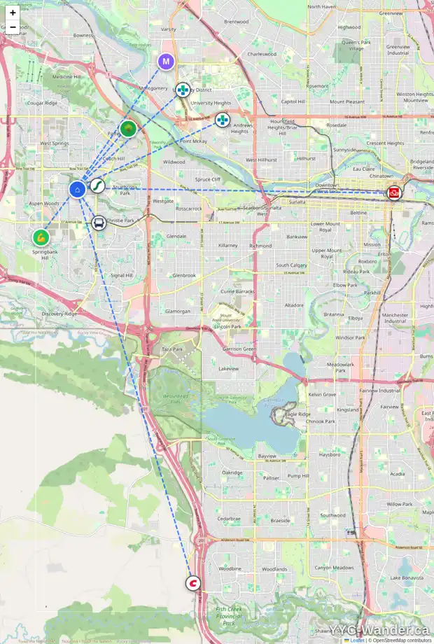 Daily accessibility map for 41 ASPEN RIDGE WY SW, Calgary showing nearby schools, grocery stores, parks, LRT stations and nearby amenities