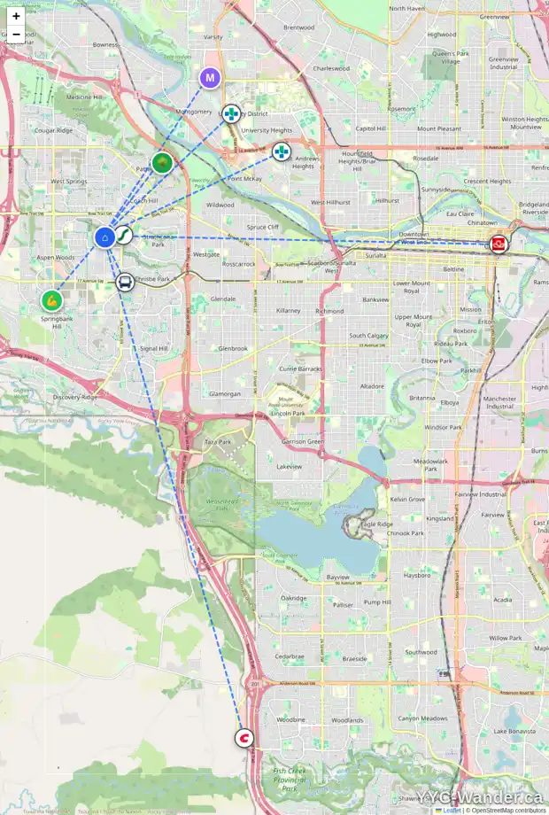 Daily accessibility map for 2 ASPEN RIDGE WY SW, Calgary showing nearby schools, grocery stores, parks, LRT stations and nearby amenities