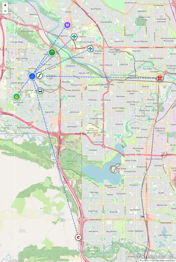 Daily accessibility map for 26 ASPEN RIDGE WY SW, Calgary showing nearby schools, grocery stores, parks, LRT stations and nearby amenities