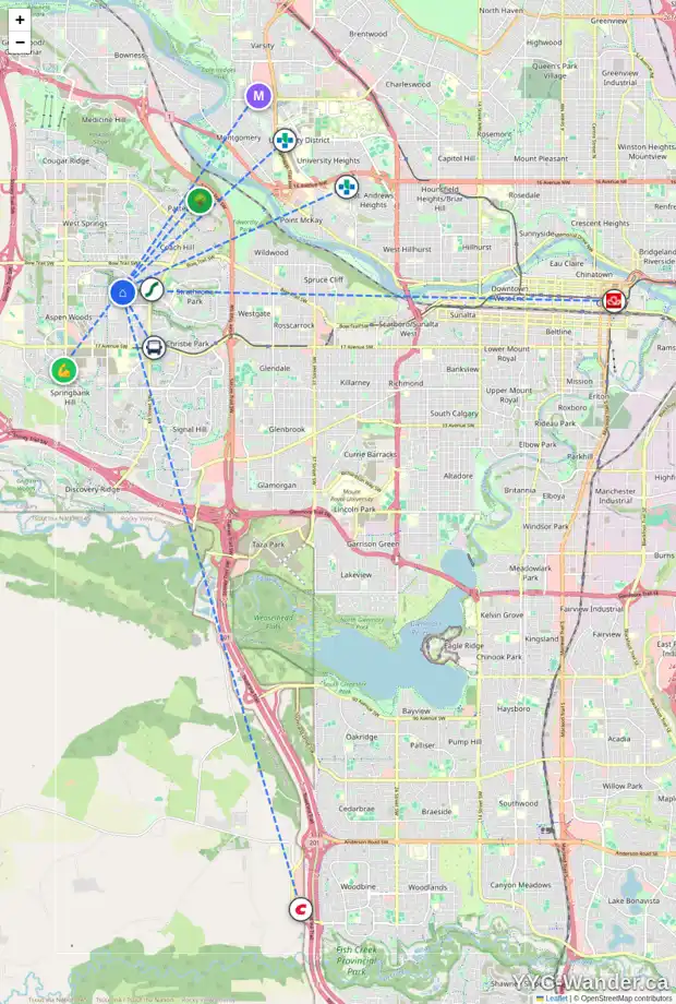 Daily accessibility map for 30 ASPEN RIDGE WY SW, Calgary showing nearby schools, grocery stores, parks, LRT stations and nearby amenities