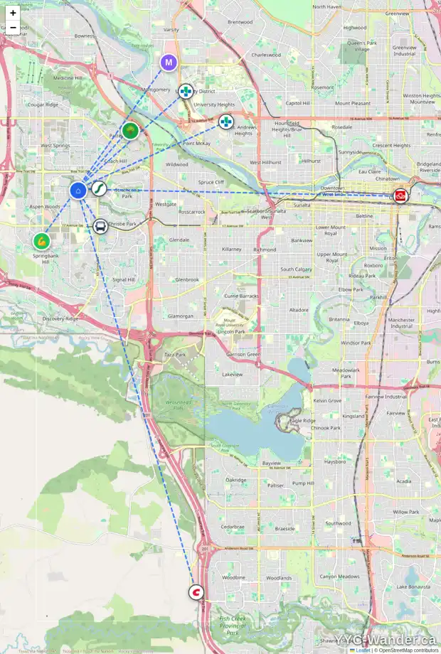 Daily accessibility map for 42 ASPEN RIDGE WY SW, Calgary showing nearby schools, grocery stores, parks, LRT stations and nearby amenities