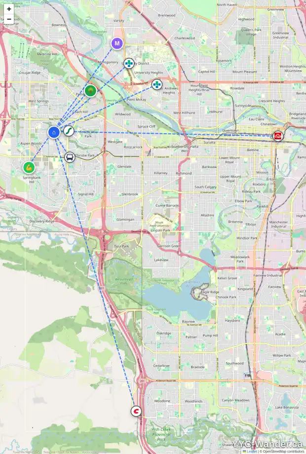 Daily accessibility map for 46 ASPEN RIDGE WY SW, Calgary showing nearby schools, grocery stores, parks, LRT stations and nearby amenities