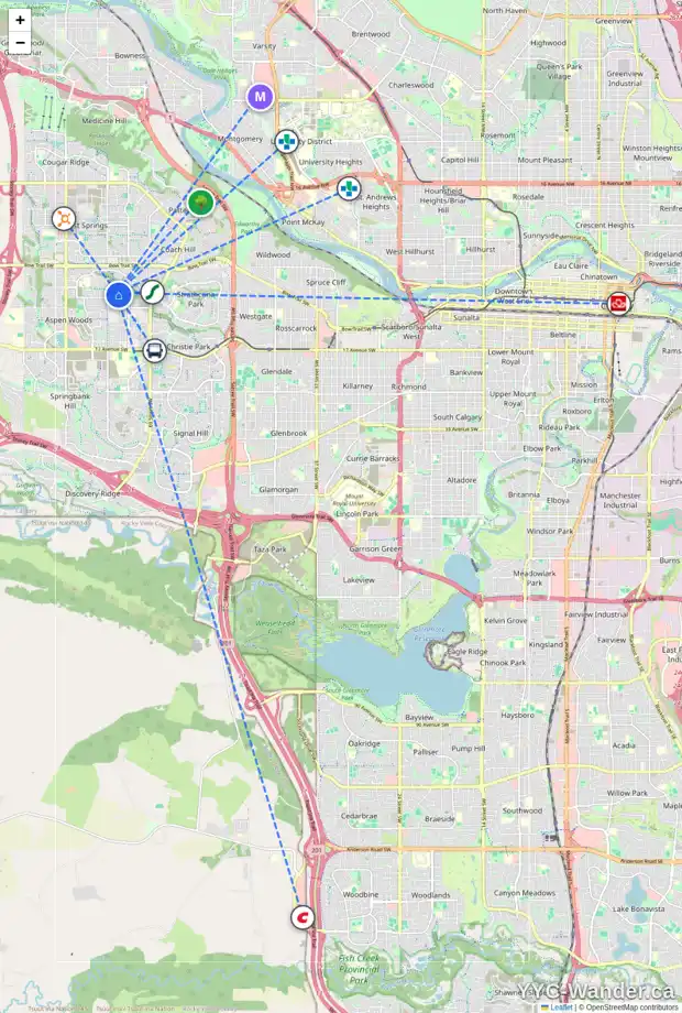Daily accessibility map for 50 ASPEN RIDGE WY SW, Calgary showing nearby schools, grocery stores, parks, LRT stations and nearby amenities