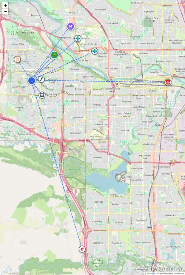 Daily accessibility map for 54 ASPEN RIDGE WY SW, Calgary showing nearby schools, grocery stores, parks, LRT stations and nearby amenities