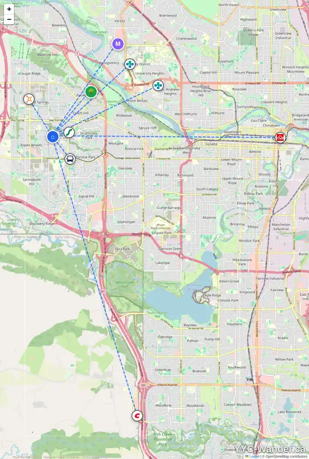 Daily accessibility map for 70 ASPEN RIDGE WY SW, Calgary showing nearby schools, grocery stores, parks, LRT stations and nearby amenities
