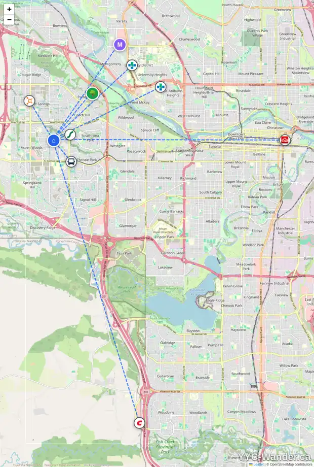 Daily accessibility map for 78 ASPEN RIDGE WY SW, Calgary showing nearby schools, grocery stores, parks, LRT stations and nearby amenities