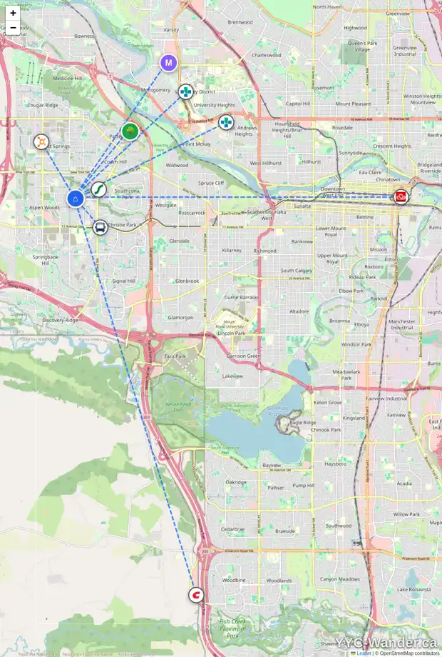 Daily accessibility map for 82 ASPEN RIDGE WY SW, Calgary showing nearby schools, grocery stores, parks, LRT stations and nearby amenities