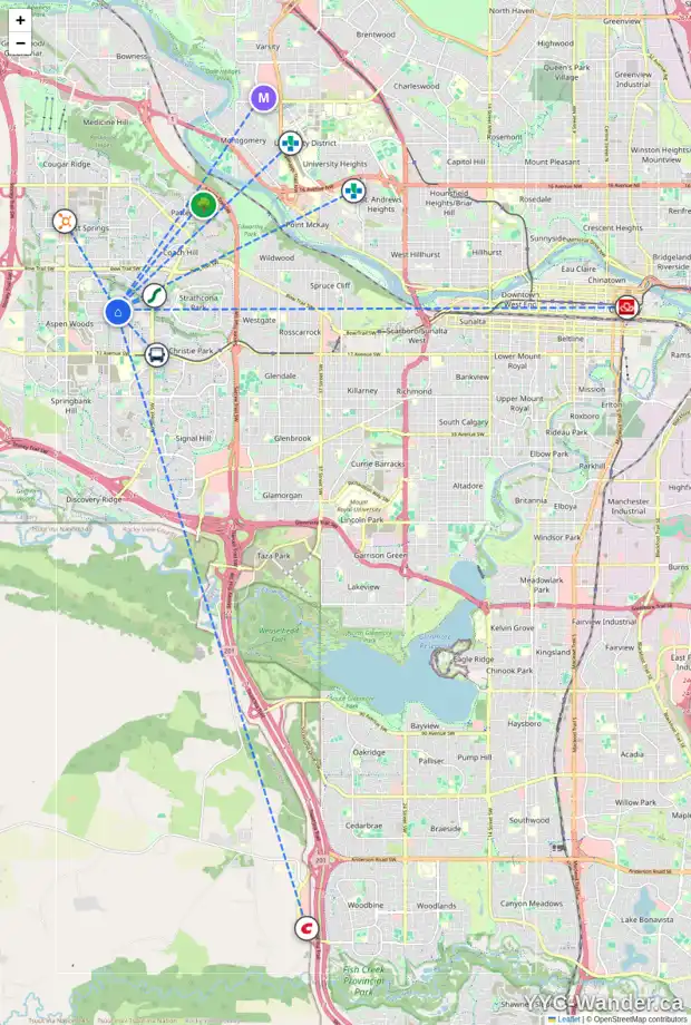 Daily accessibility map for 90 ASPEN RIDGE WY SW, Calgary showing nearby schools, grocery stores, parks, LRT stations and nearby amenities