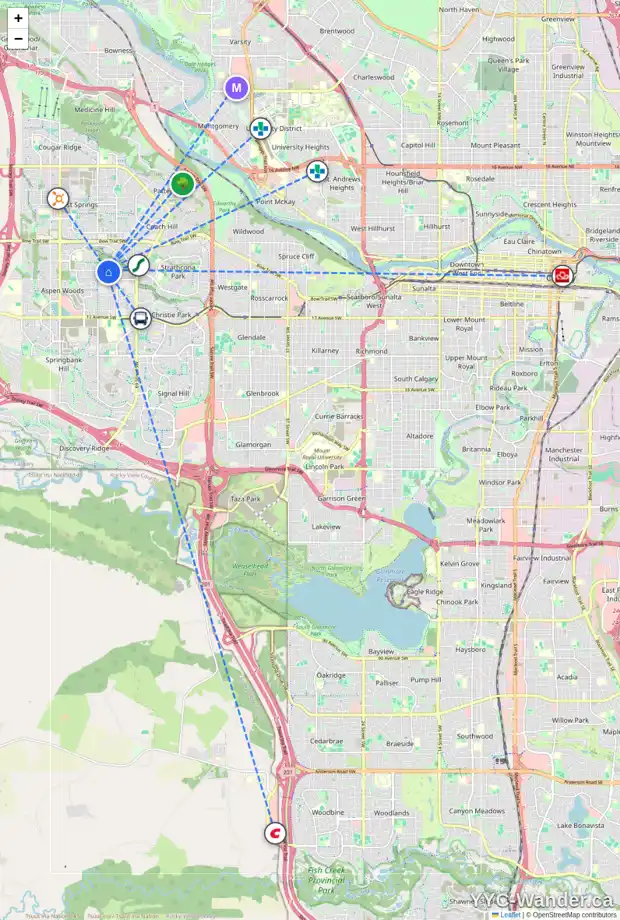 Daily accessibility map for 61 ASPEN RIDGE WY SW, Calgary showing nearby schools, grocery stores, parks, LRT stations and nearby amenities