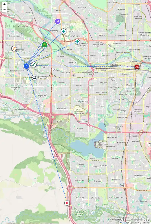 Daily accessibility map for 57 ASPEN RIDGE WY SW, Calgary showing nearby schools, grocery stores, parks, LRT stations and nearby amenities