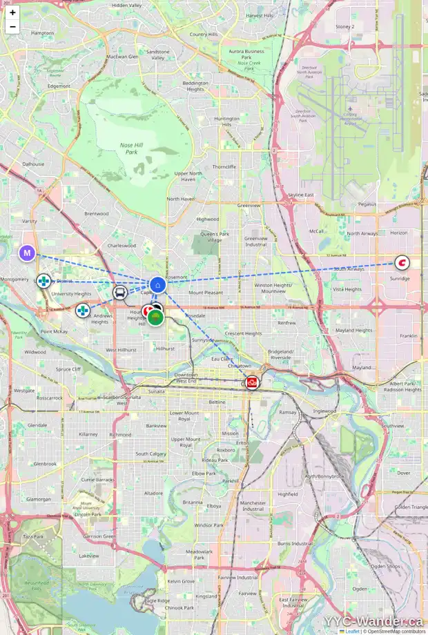 Daily accessibility map for 1640 23 AV NW, Calgary showing nearby schools, grocery stores, parks, LRT stations and nearby amenities